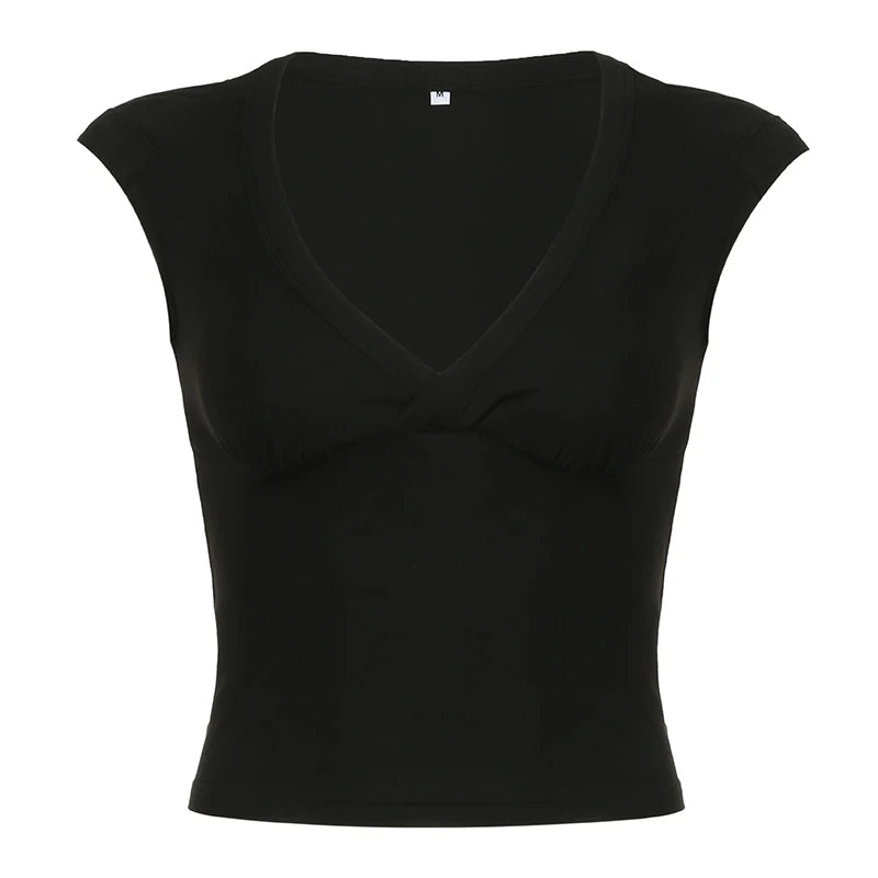 CIBBAR Sexy Deep V Neck Crop Top Women Basic Solid Tee Shirts 2024 Summer New Fashion T-shirts Vintage Clubwear Ladies Clothing - Clikcy