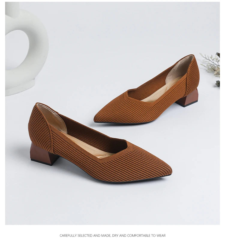 Women's large high-heeled shoes Multicolor pointy knit breathable comfortable anti-skid rubber sole work shoes 2023 new autumn