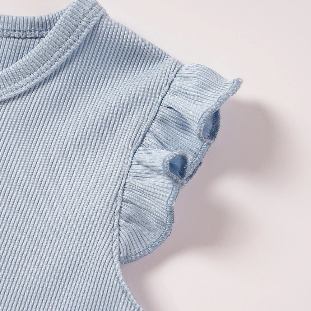 Summer Toddler Girl Ruffle Sleeve 2pcs Set Sleeveless T-shrits Top and Shorts Outfit for Kids Girls Solid Suit Clothing - Clikcy