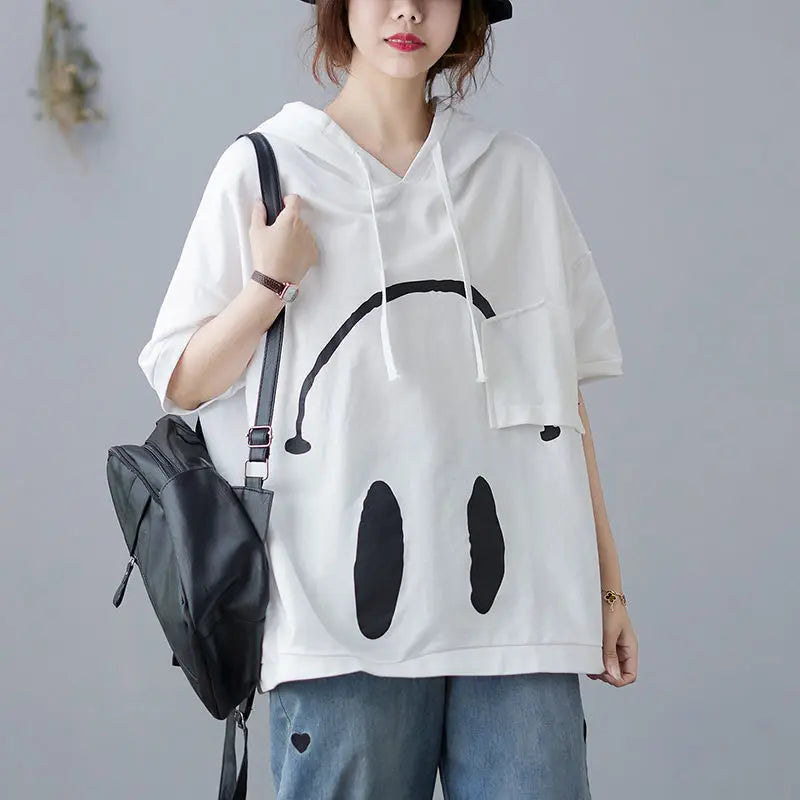 2024 New Summer Fashion Edition Fresh and Age Reducing Loose Casual Oversized Printed Hooded Short Sleeved Women's Hoodie - Clikcy