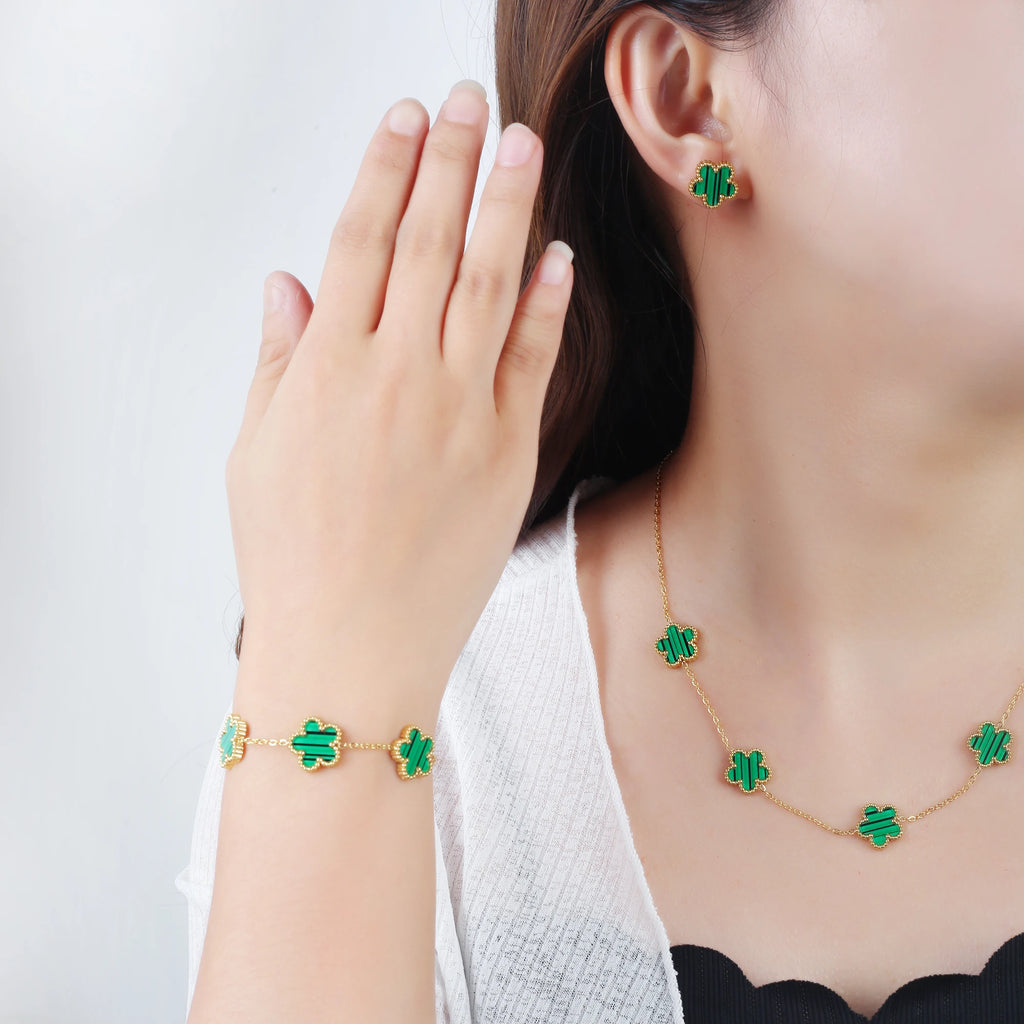 3Pcs 18k Gold-Plated Five-Leaf Flower Necklace Earrings Bracelet Jewelry Set For Woman Fashion Party Jewelry Daily Wear Clover - Clikcy