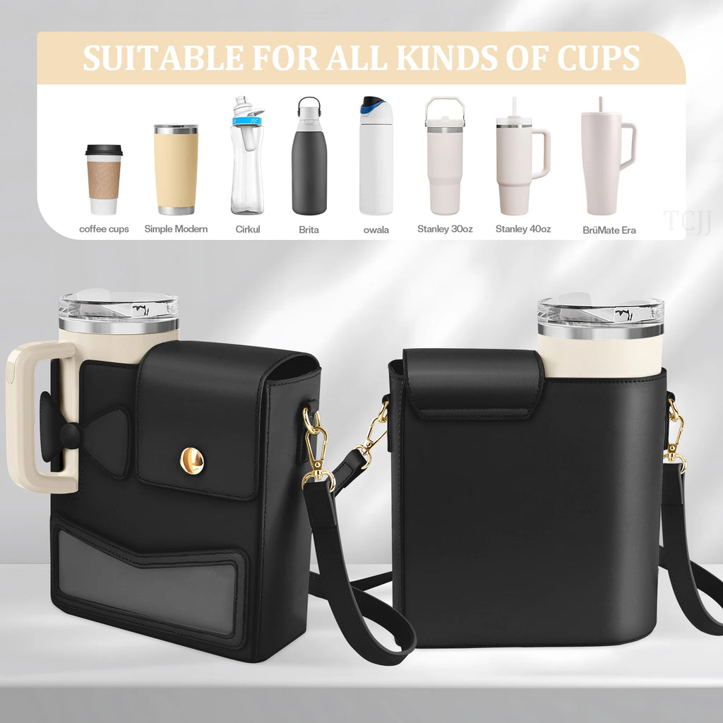 Outdoor Water Bottle Crossbody Bag With Pocket for Stanley Cup 40 oz Tumbler Leather Water Cup Holder With Strap for Women Gifts - Clikcy