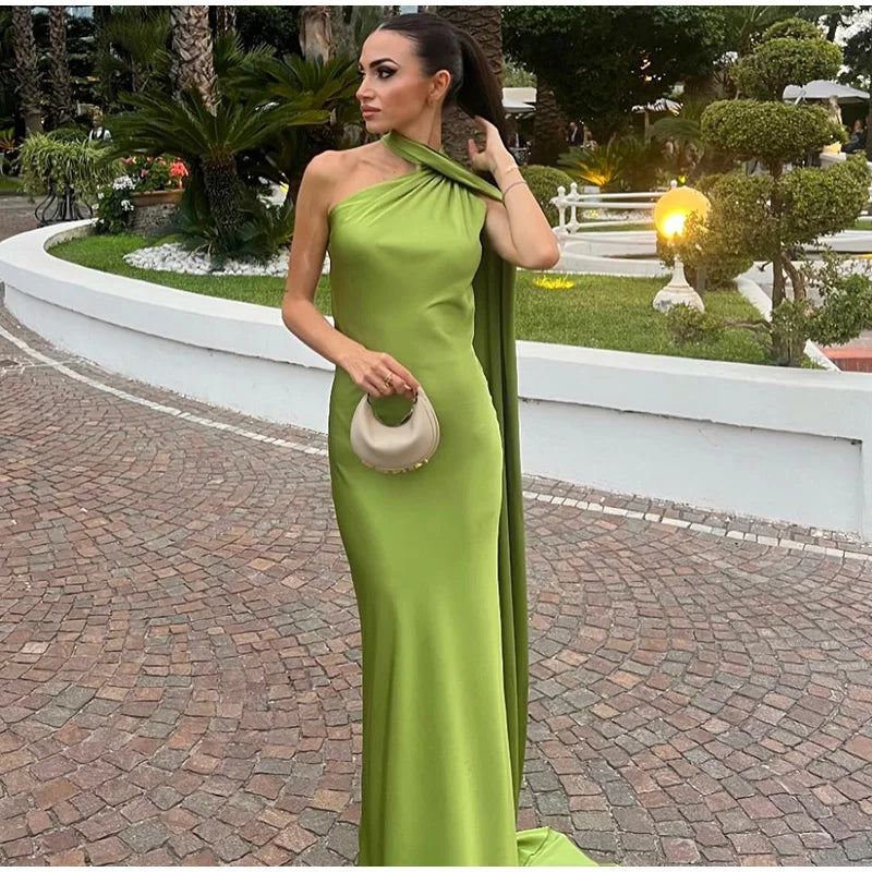 Sexy Satin Ribbon Party Dress Women Elegant Halter Backless Off Shoulder Sleeveless Female Dresses 2024 Summer Solid Robe Gown - Clikcy