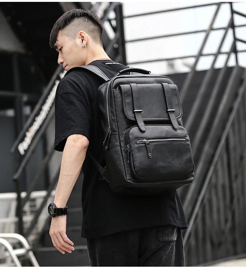 Simple Fashion Men's Backpack Soft Pu Leather Backpack Men Large Capacity 14inch Laptop Bag Students Schoolbags Travel Back Pack - Clikcy