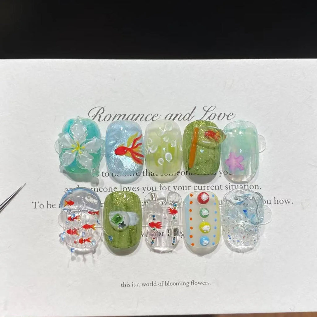 10pcs Handmade Short Press on Nails Ice Goldfish Fake Nail Tips with 3d Carved Flower Design Fresh Green Ins Summer False Nails - Clikcy