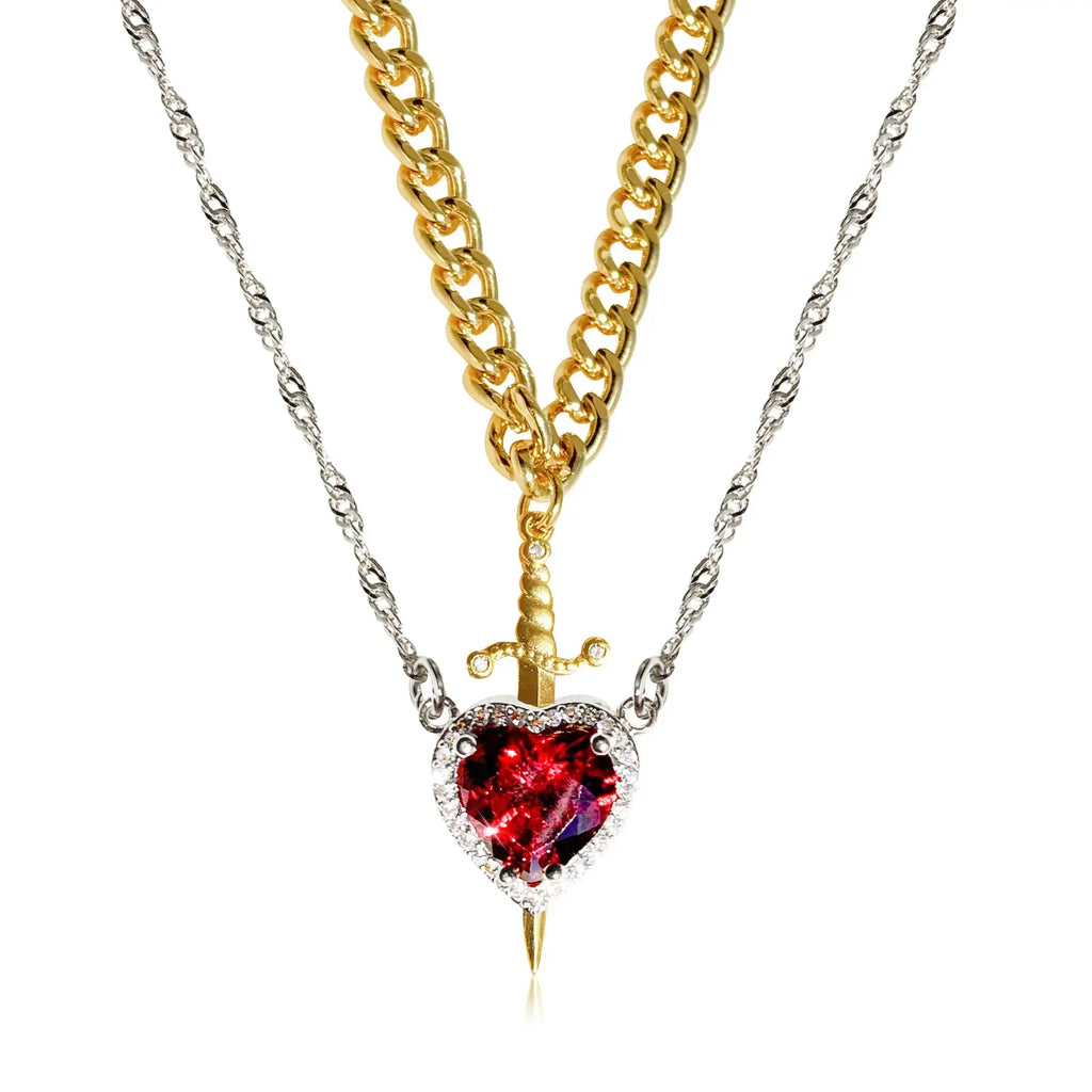 LATS 2pcs Can Be Assembled Heart and Sword Zircon Pendant Necklace for Women Men Couple Silver Gold Plated Choker Chain Jewelry - Clikcy