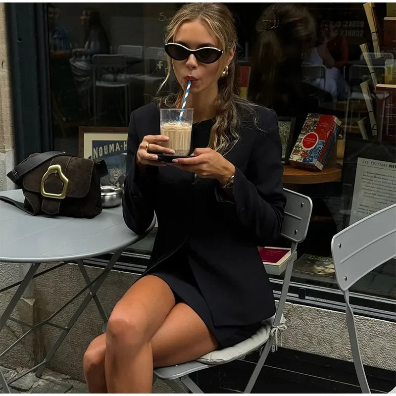 Casual Single Breasted Loose O-neck Blazer Coat Elegant Solid Skirt Set for Women High Waist Skirts Female 2025 Spring Outfit - Clikcy