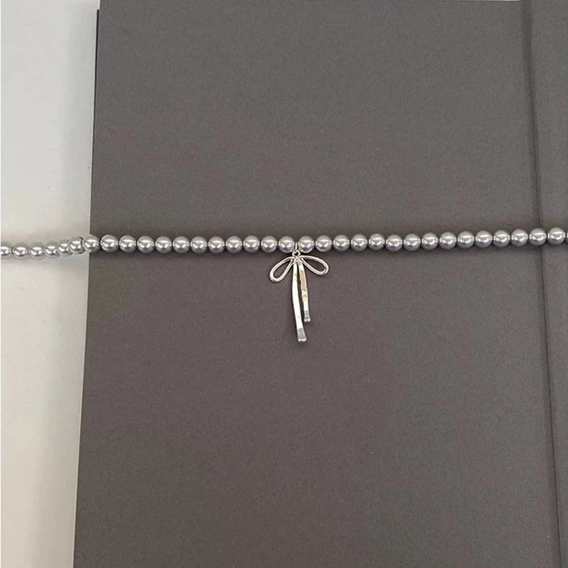LATS Gray Pearls Bowknot Pendant Necklace for Women Girls Graceful Butterfly Choker Chain Jewelry Gift Accessories - Clikcy