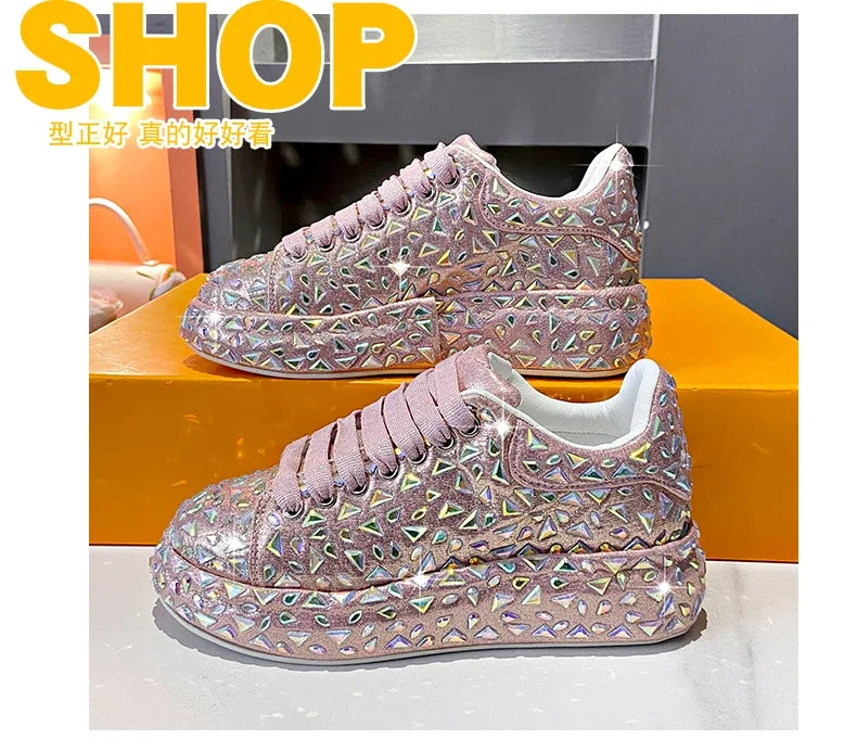 2025 Autumn Leather Women Shoes New Style Fashion Platform Shoes Ins Platforms Sneakers Tide Shine Bling Rhinestone Shoes - Clikcy