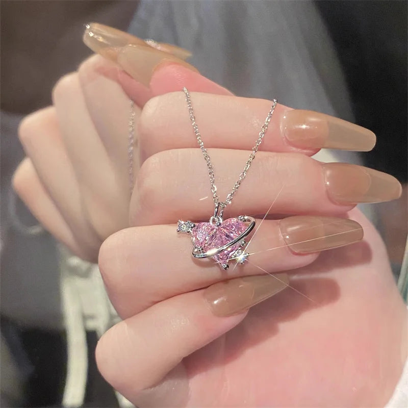 Y2K Pink Planet Heart Zircon Pendant Necklaces Women Fashion Aesthetic Clavicle Chain Necklace Valentines Day Gift Party Jewelry - Clikcy