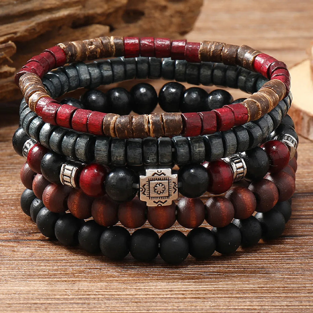 Cross Life Tree 5Pcs/set Vintage Bronze Ethnic Casual Wood Beads Feather Charm Leather Women Bracelets Men Male Jewelry - Clikcy