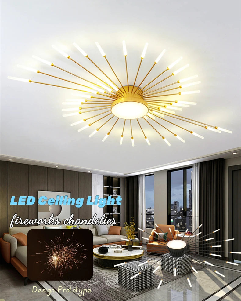 Led Firework Chandelier Dimmable For Living Room Bedroom Milk Yellow Ceiling Chandelier Dining Room LED Ceiling Lamp With Remote - Clikcy