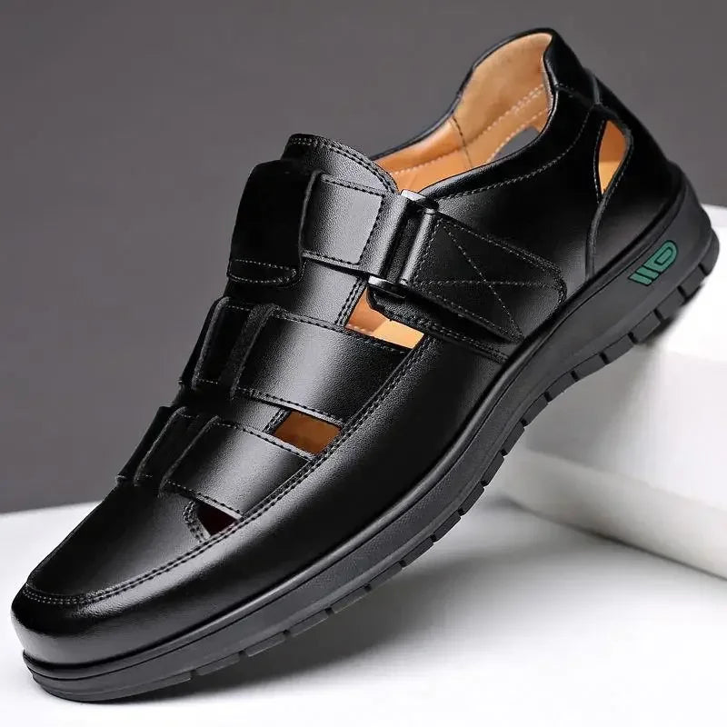 Summer New Men's Hollow up PU Leather Breathable Sandals Non-slip Flat Soft Bottom Handmade Trendy Design Shoes Men's Shoes - Clikcy
