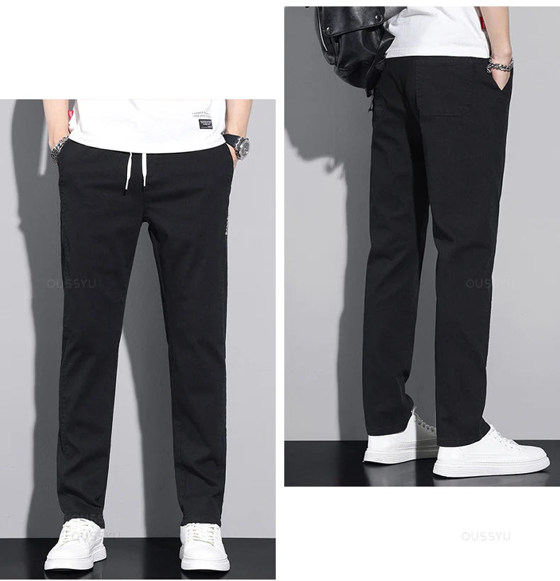 New Spring Summer Cotton Men's Casual Pants Classic Drawstring Elastic Waist Thin Stretch Blue Jogging Work Cargo Trousers Male - Clikcy
