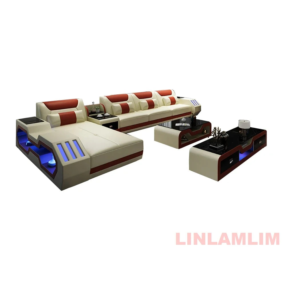 Modern LED Lighted Sofa Set with Recliner, Adjustable Headrest & Console | Luxury Leather Sectional Couch | Futuristic Furniture - Clikcy