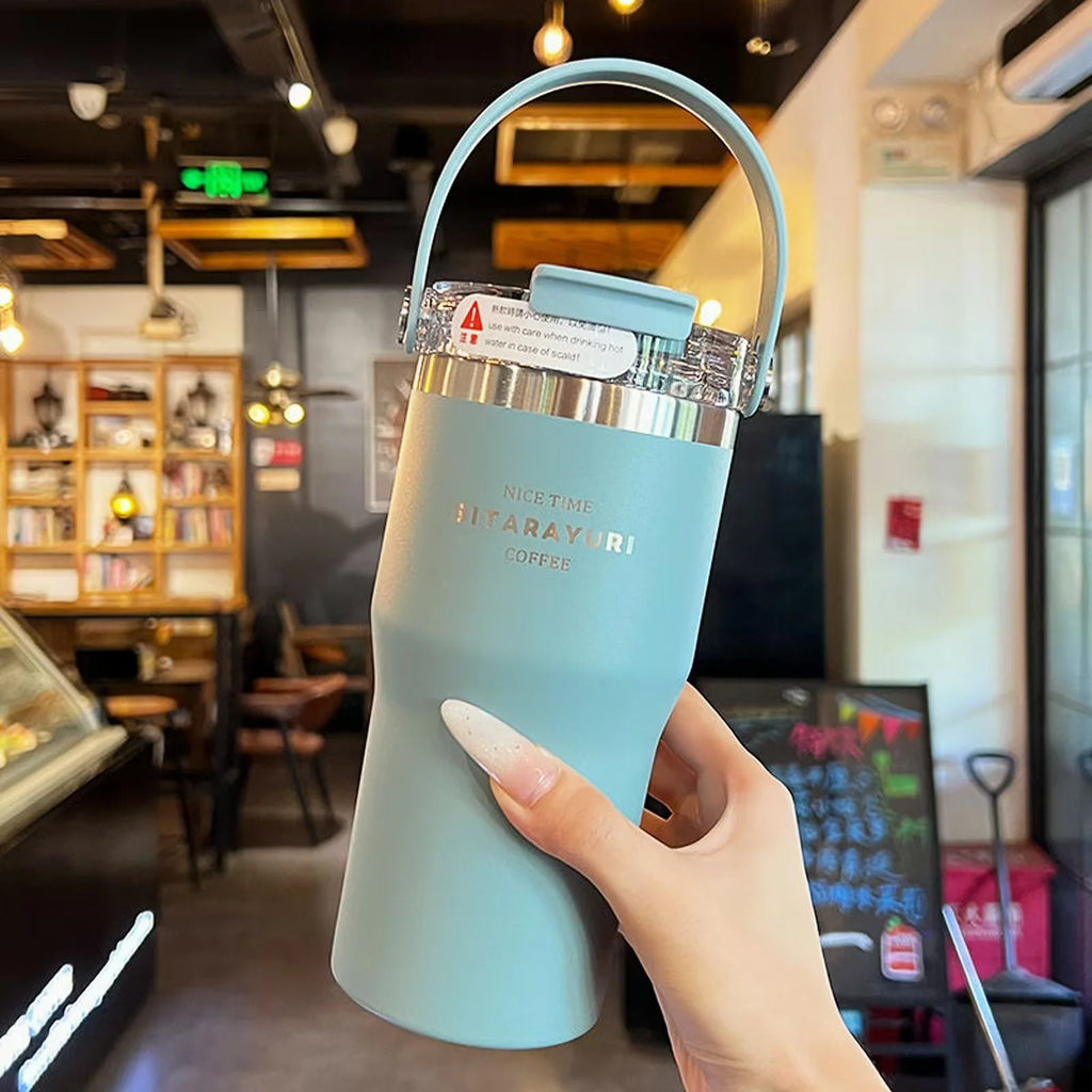 21oz/31oz Stainless Steel Tumbler with Straw Insulated Thermos Coffee Cup with Handle Water Bottle Travel Car Cups Copo Termo - Clikcy