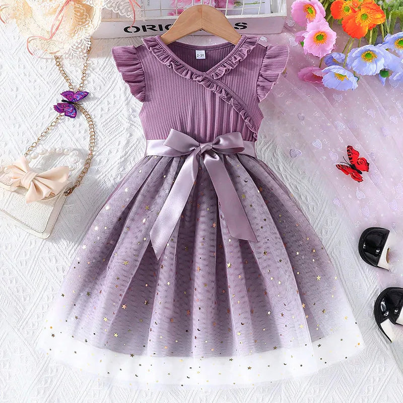 New Children's Dress for 3-8 Yrs Summer Dress Lotus Leaf Edge Design Bow Lace Up Star Sequin Sweet  Tulle Kids Dresses for Girls - Clikcy
