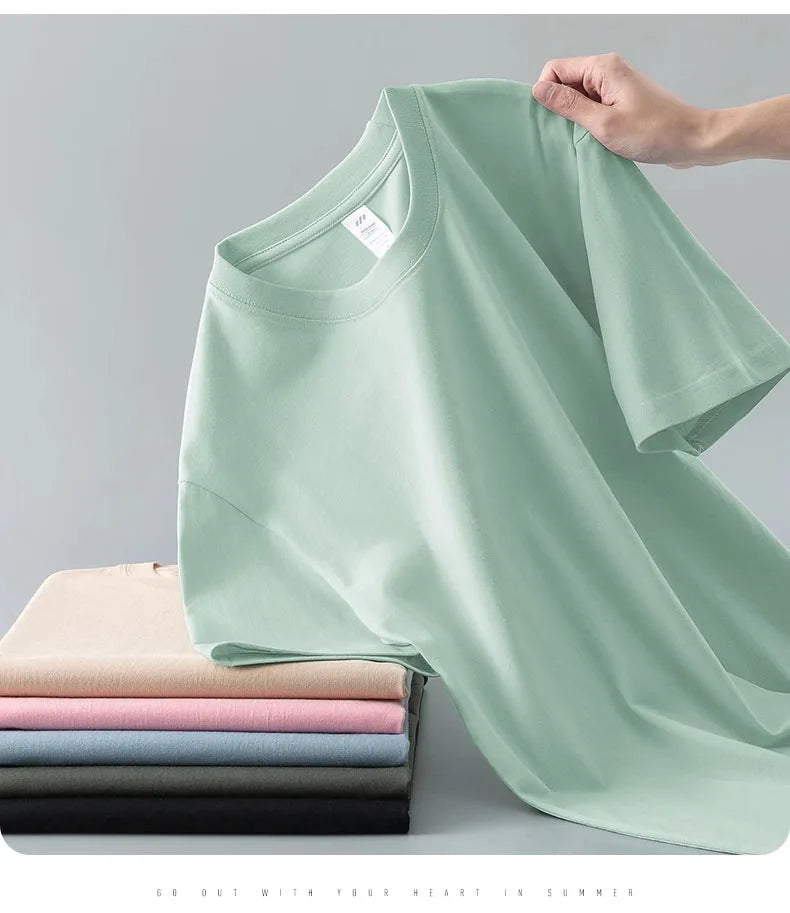 Heavyweight round neck pure cotton short sleeved t-shirt loose solid color white t men's and women's bottom shirt solid color - Clikcy