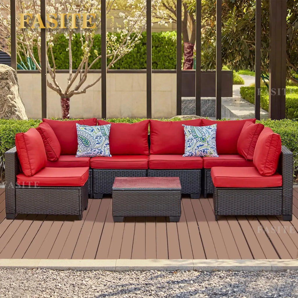 7 Pieces Outdoor Patio Furniture Sets, PE Rattan Wicker Patio Conversation Set with Tea Table - Clikcy