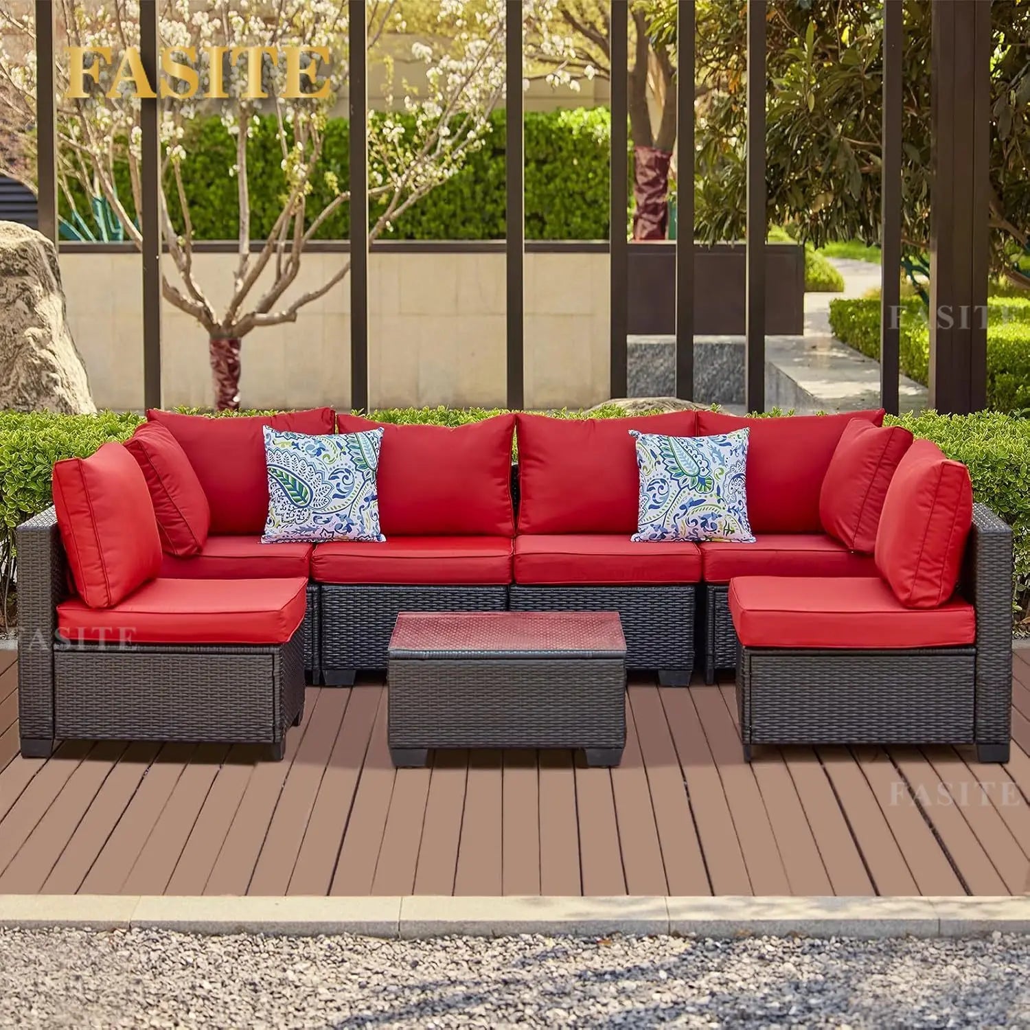 7 Pieces Outdoor Patio Furniture Sets, PE Rattan Wicker Patio Conversation Set with Tea Table - Clikcy