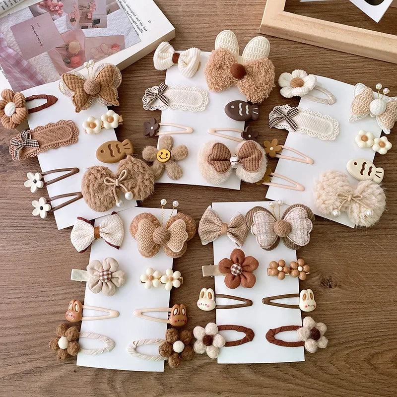 8pcs/set Sweet Girl Hair Clip Cartoon Bear Floral Bowknot Hair Pin for Toddler Girls Lovely Beige Coffee Color Kid baby Headwear - Clikcy