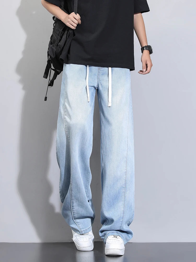 Summer Lyocell Jeans Men Korean Fashion Wide Leg Straight Denim Pants Light and Thin Cool Baggy Jeans Trousers - Clikcy