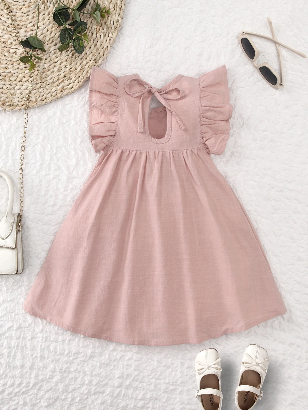 Toddler girls dresses kid's summer wear Pure color puffy sleeves girl dress back collar tie princess dress - Clikcy