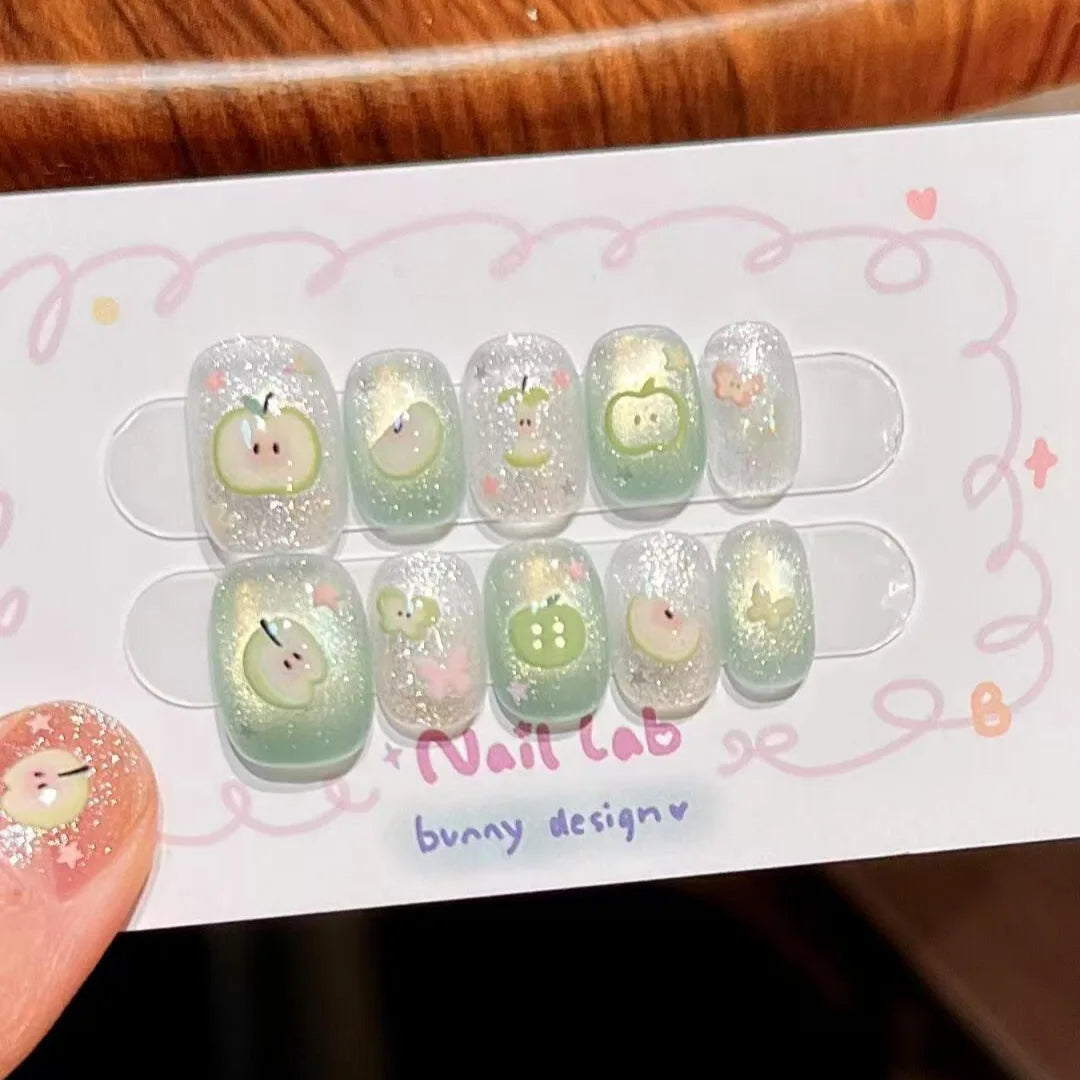 10pcs Handmade Short Press on Nails Ice Goldfish Fake Nail Tips with 3d Carved Flower Design Fresh Green Ins Summer False Nails - Clikcy