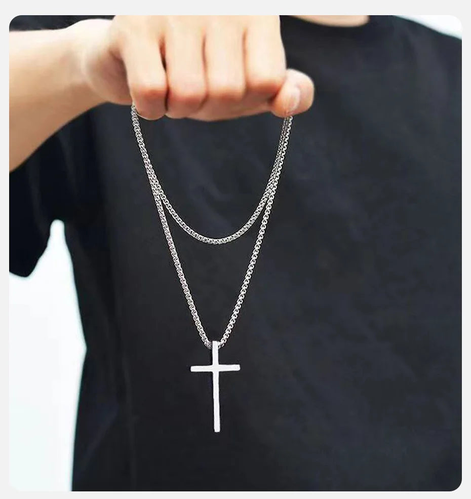 Vnox Cross Necklace for Men Women, Silver Color Plain Cross Pendant Collar with Stainless Steel Box Chain - Clikcy