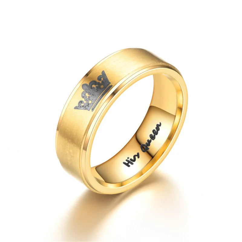 Gold Colour King Queen Crown Stainless Steel Couple Rings for Lovers Promise Men Women Valentine's Day Gifts - Clikcy