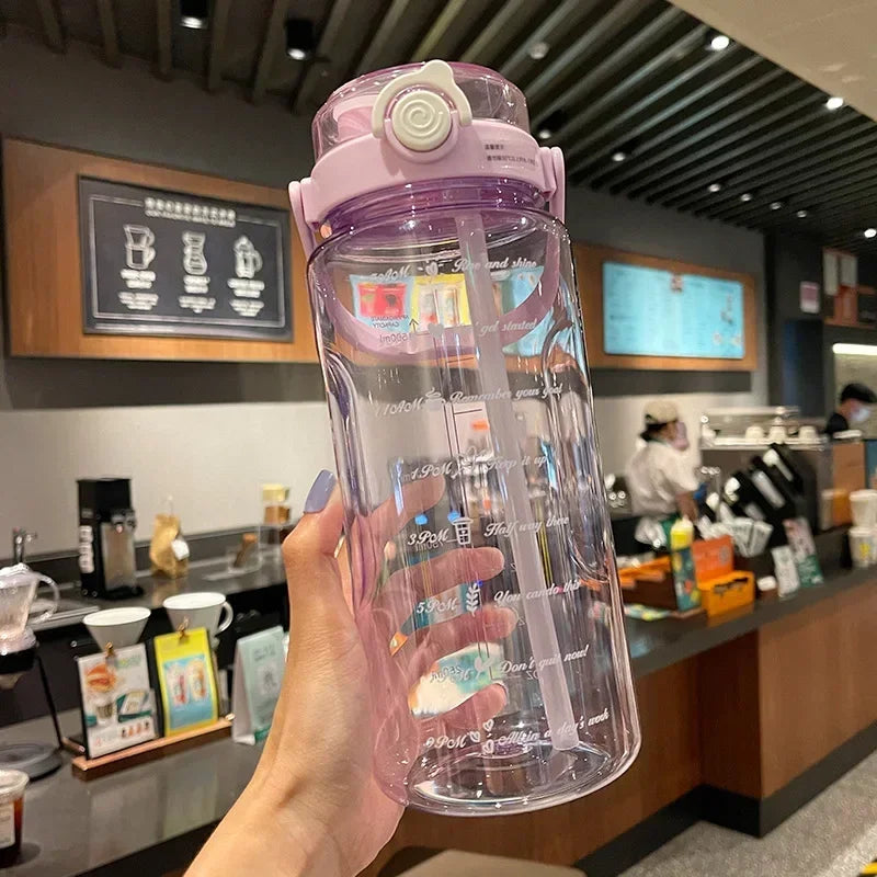1.5/2Liter Sport Straw Water Bottle with Time Scale Plastic Summer Cold Juice Water Cup Large Capacity Portable Travel Bottles - Clikcy