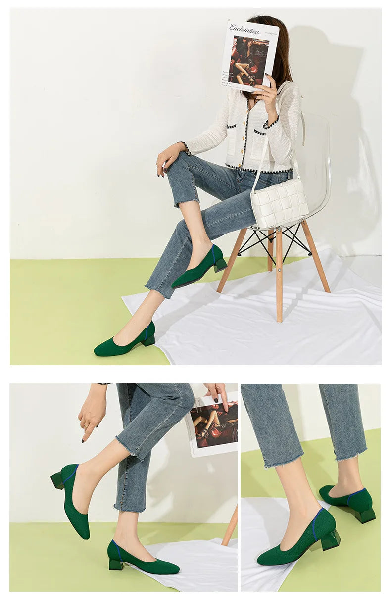 Large high-heeled shoes 42/43/41 women's shoes knitted fashionable breathable non-slip beautiful color matching spring and autum - Clikcy