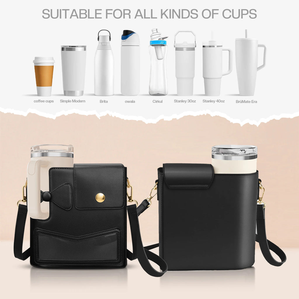Outdoor Water Bottle Crossbody Bag With Pocket for Stanley Cup 40 oz Tumbler Leather Water Cup Holder With Strap for Women Gifts - Clikcy