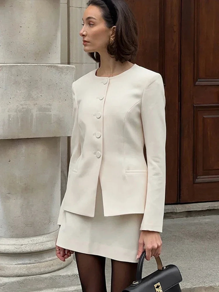 Casual Single Breasted Loose O-neck Blazer Coat Elegant Solid Skirt Set for Women High Waist Skirts Female 2025 Spring Outfit - Clikcy