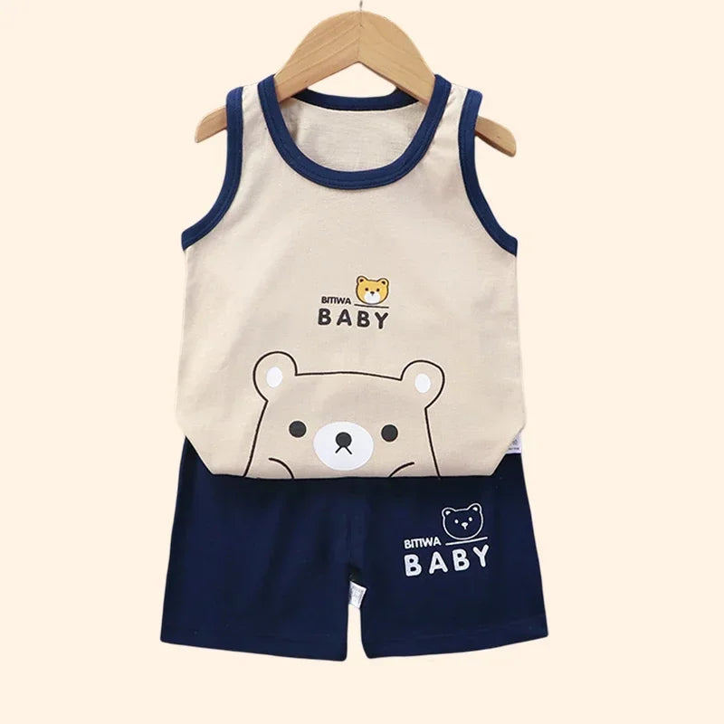 Children Sets Kids Clothes Boys Girls Vest Suit  Summer Children's Clothing baby Cotton T-Shirts Shorts Tank Top Sleeveless - Clikcy