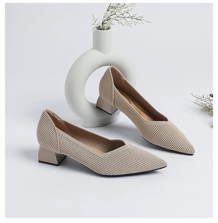 Women's large high-heeled shoes Multicolor pointy knit breathable comfortable anti-skid rubber sole work shoes 2023 new autumn