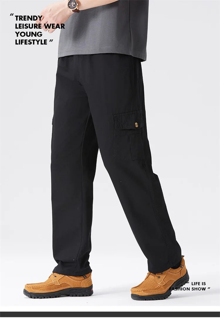 100% Cotton Men's Cargo Pants Straight Fit Loose Work Trouser Male Spring Summer High Waist Big Size Large Plus Elastic Pocket - Clikcy