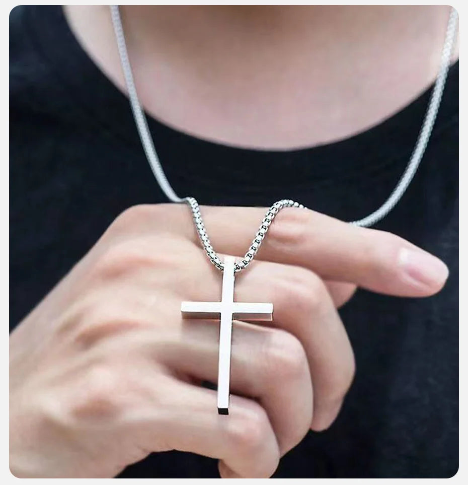 Vnox Cross Necklace for Men Women, Silver Color Plain Cross Pendant Collar with Stainless Steel Box Chain - Clikcy