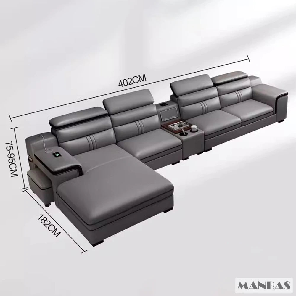 MINGDIBAO Leather Sectional Sofa Set with Cup Holder, USB, Adjustable Headrests & Bluetooth Speaker Living Room Couch with Stool