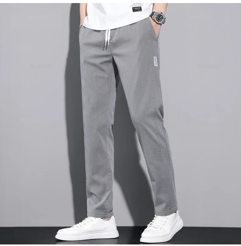 New Spring Summer Cotton Men's Casual Pants Classic Drawstring Elastic Waist Thin Stretch Blue Jogging Work Cargo Trousers Male - Clikcy