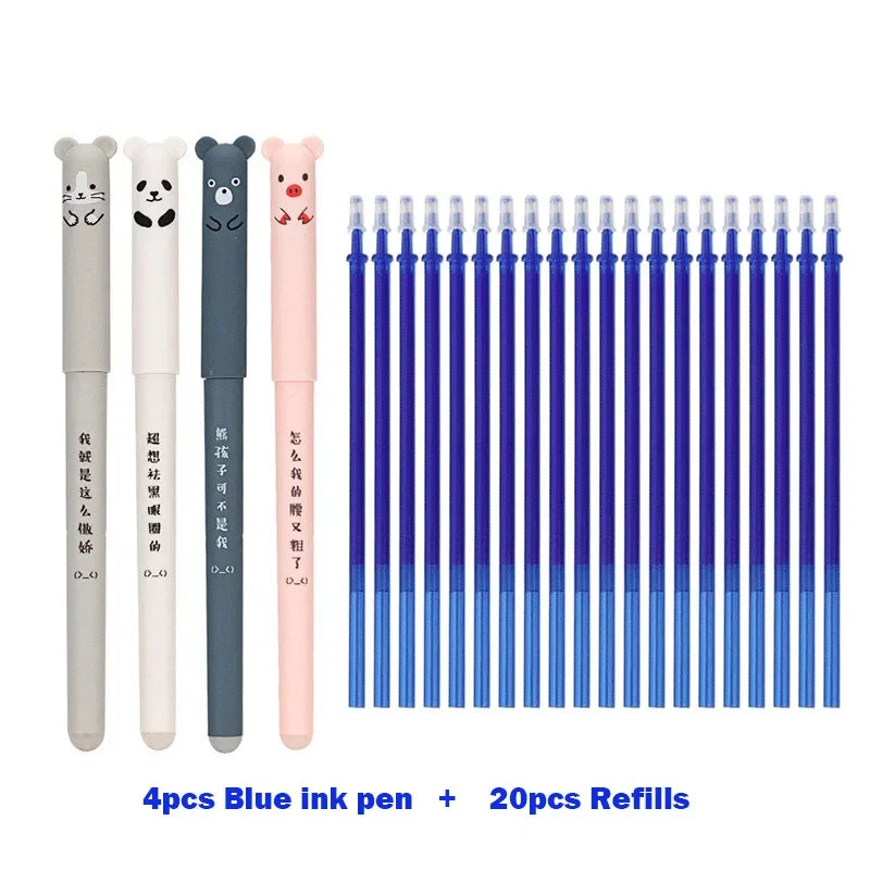 4+20 Pcs/Set Kawaii Pig Bear Cat Erasable Gel Pen Refills Rods 0.35mm Blue Black Ink Washable Handle School Office Supplies Gift - Clikcy