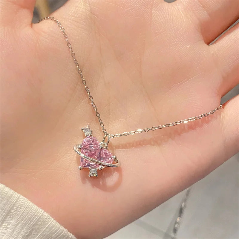Y2K Pink Planet Heart Zircon Pendant Necklaces Women Fashion Aesthetic Clavicle Chain Necklace Valentines Day Gift Party Jewelry - Clikcy
