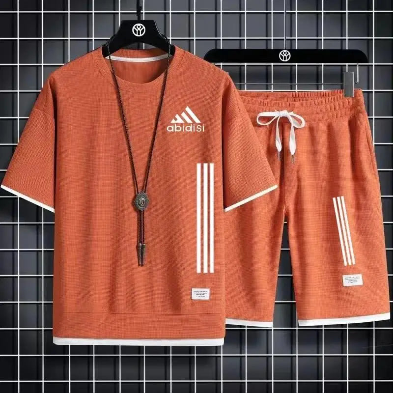 Adida 2024 Man New Tracksuits 2 Piece Short Sleeve Suits Printing T-shirt +Sweatpants Sets Sutdent Casual Summer Sport Clothes - Clikcy
