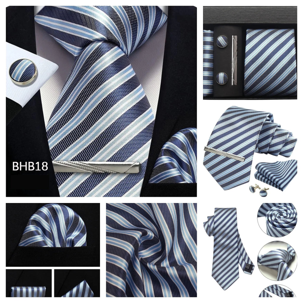 Classic 100% Silk Men's Ties In Gift box 8cm Plaid Dot Striped Business Necktie Handkerchief Cufflinks Wedding Party Tie Set - Clikcy