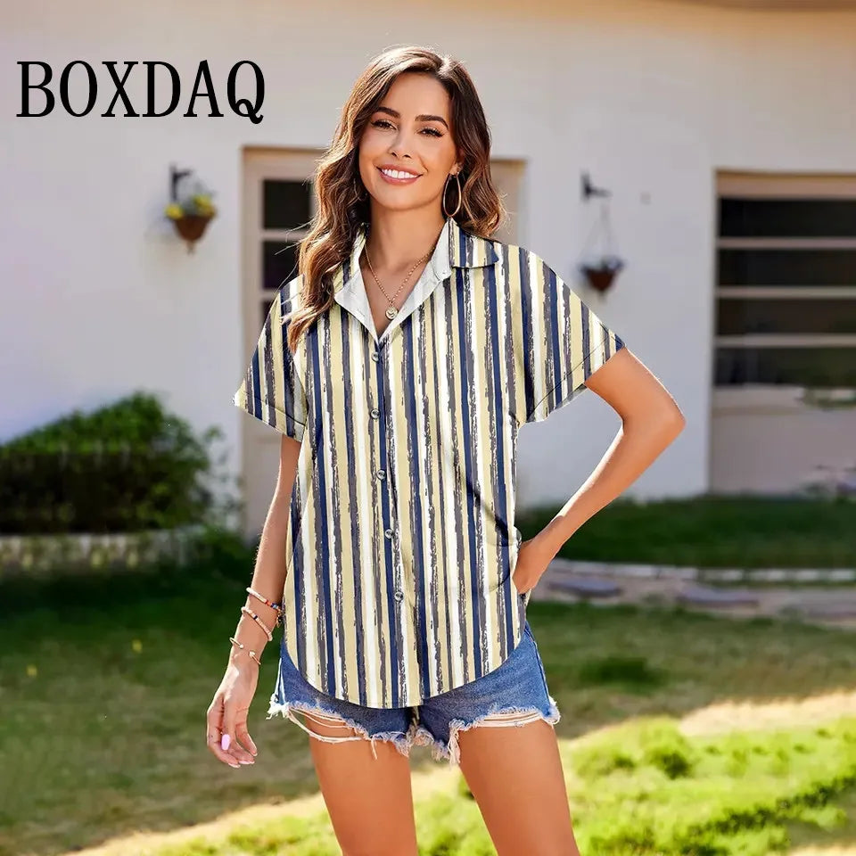 Summer Women'S Shirt Vintage Striped Lapel Blouses Women'S Plus-Size Loose Short Sleeve Tops Fashion Button Casual Blouse Shirt - Clikcy