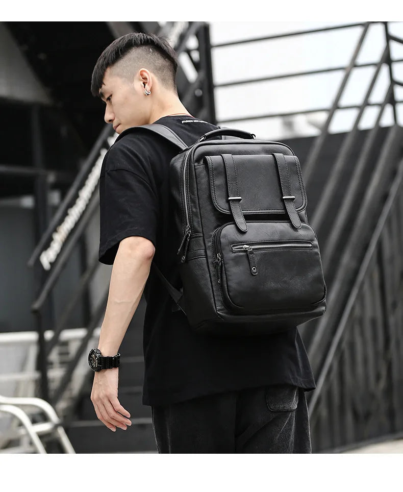 Simple Fashion Men's Backpack Soft Pu Leather Backpack Men Large Capacity 14inch Laptop Bag Students Schoolbags Travel Back Pack - Clikcy