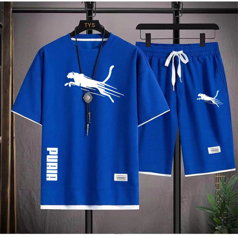 summer new men's sportswear fitness set running suit casual T-shirt+shorts set breathable jogging sportswear 2-piece set for men - Clikcy