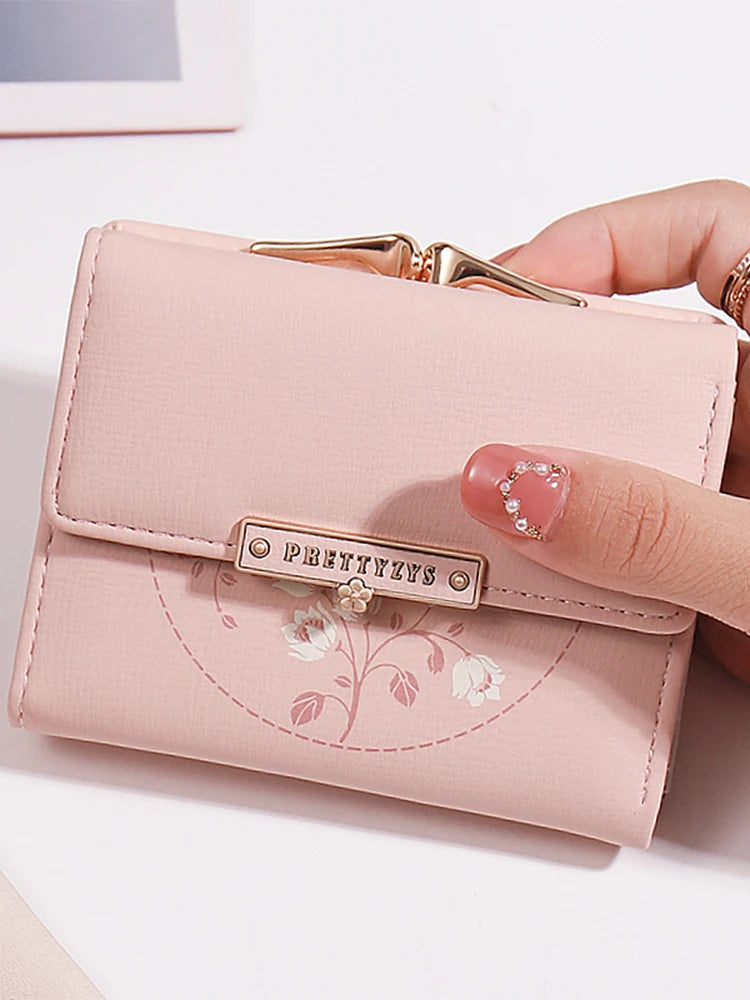 Purse women's summer new Korean PU printed buckle 3 fold bag simple all-in-one short women's money clip multi-card folding flap - Clikcy