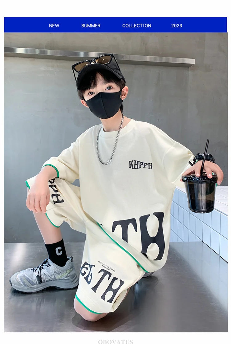 Children Summer Clothing Set For Boys Letter Print Sport Suit Kids Teenager Cotton Outfits Casual Short Sleeve Tracksuit Costume - Clikcy