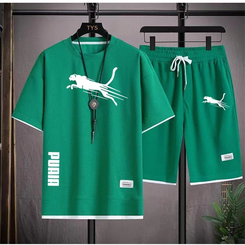 summer new men's sportswear fitness set running suit casual T-shirt+shorts set breathable jogging sportswear 2-piece set for men - Clikcy